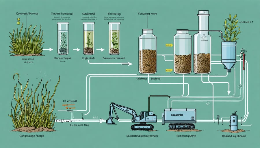 Infographic illustrating the seaweed-to-biofuel conversion process