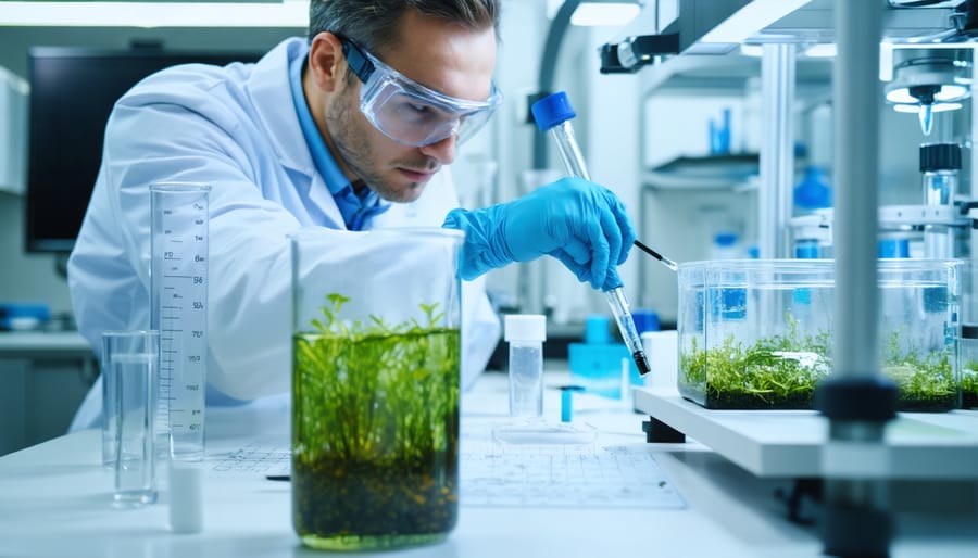 Scientists conducting seaweed biofuel research in an Australian laboratory