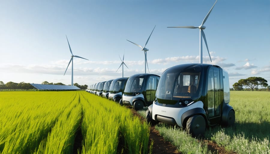 Futuristic scene of autonomous electric transport vehicles in Australian fields, featuring automated harvesters and mobile renewable energy systems showcasing smart biomass transport innovations.