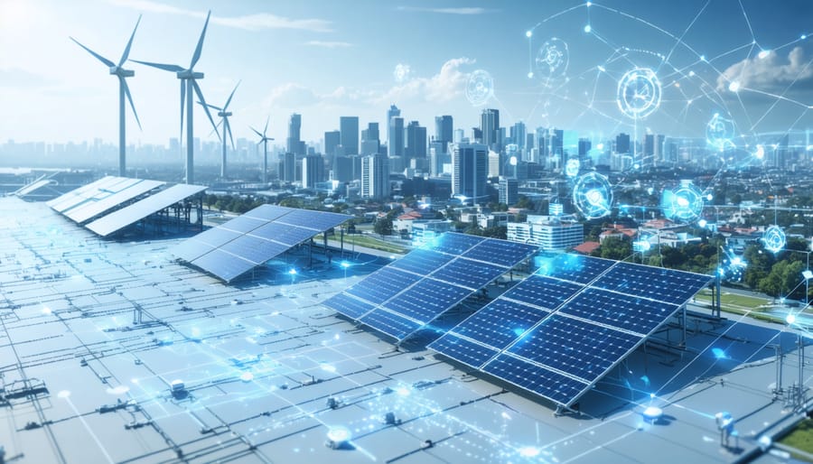 Conceptual illustration of interconnected solar panels, wind turbines, and urban structures in Australia, showcasing digital data streams representing AI and IoT integration in smart energy management.