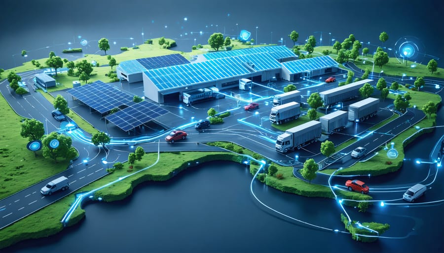 Conceptual portrayal of smart logistics with electric trucks and solar-powered warehouses connected by AI-optimized routes over an abstract representation of Australia.
