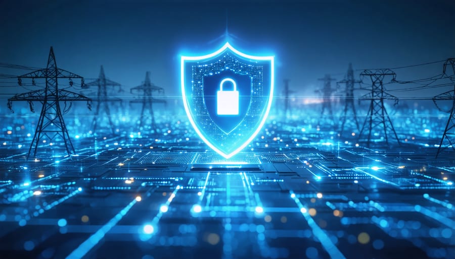3D illustration of an electrical grid protected by digital security barriers