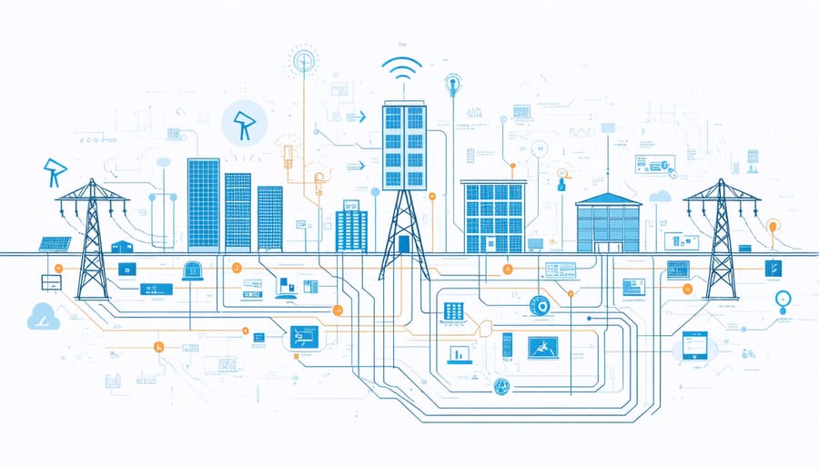 Digital illustration of smart grid infrastructure connecting solar panels, wind turbines, and buildings with data visualization overlays