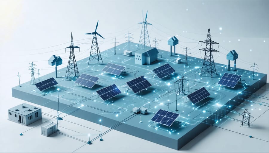 Digital illustration of smart grid infrastructure with renewable energy integration