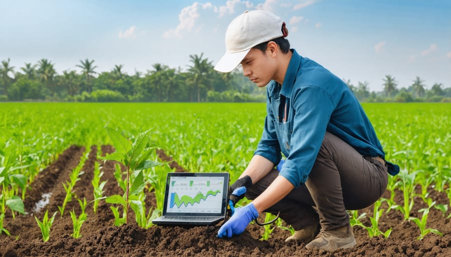 Agricultural scientist using handheld soil carbon measurement device in a bioenergy crop field
