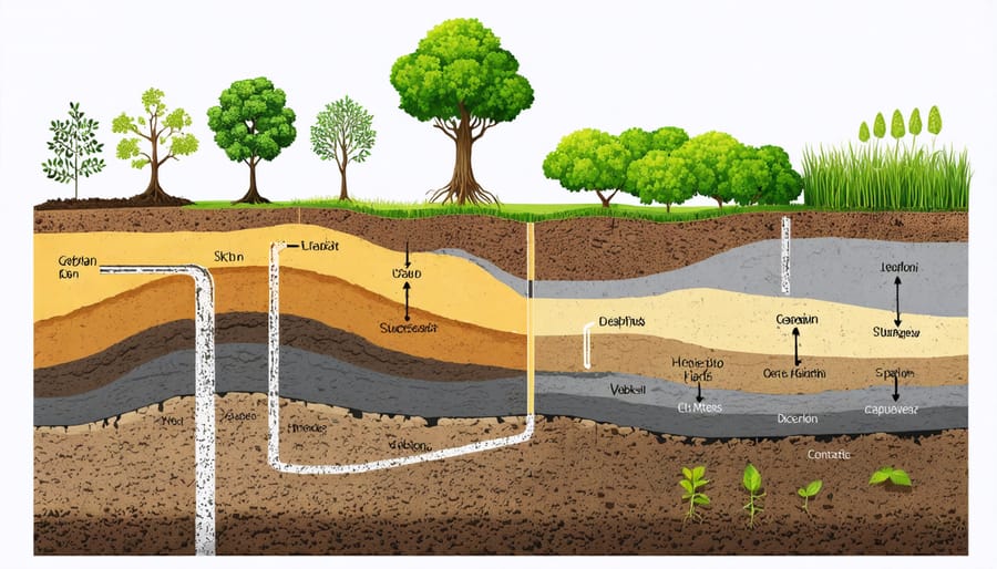 Illustrated diagram showing different soil layers and how carbon is stored within each layer