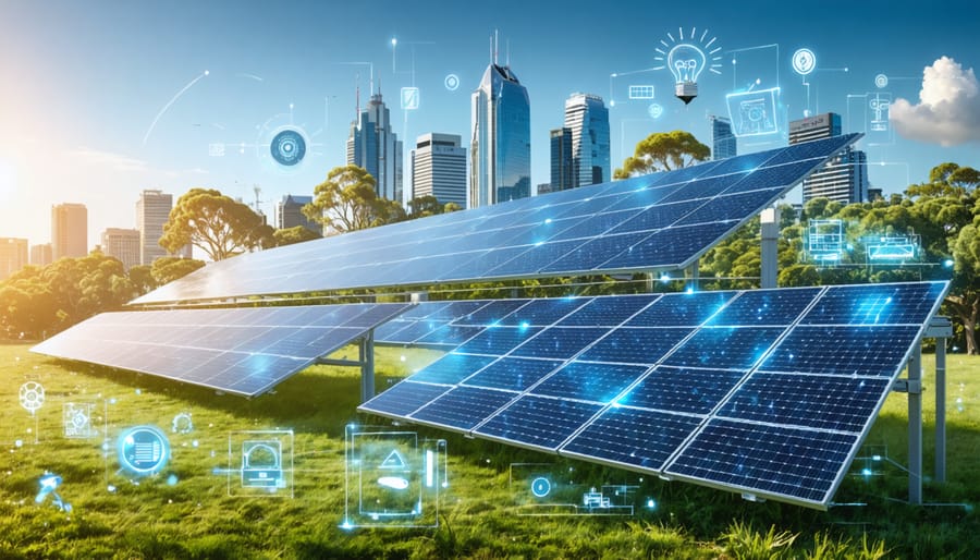 Illustration of a diverse Australian landscape showcasing innovative solar panel technologies, including transparent solar windows on skyscrapers, rooftop installations in suburban homes, and bifacial panels in agricultural fields, symbolizing the integration of solar energy across urban and rural environments.