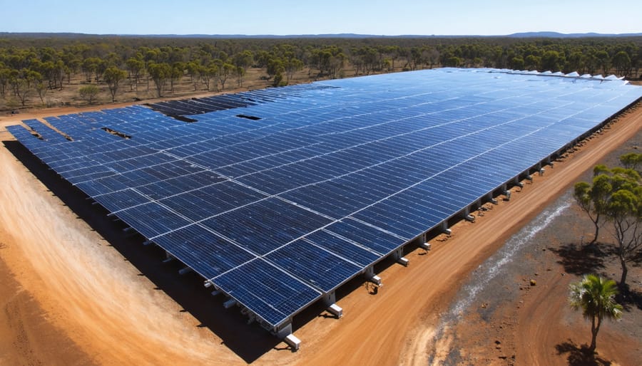 Birds-eye view of solar panels alongside geothermal power plant infrastructure