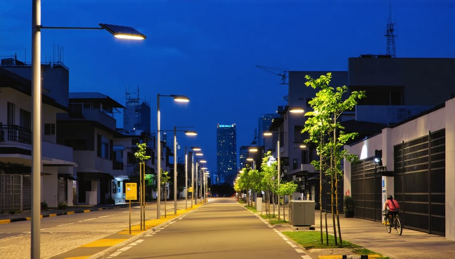 View of a modern urban street at dusk with solar-powered LED street lights illuminating a busy, sustainable cityscape, demonstrating the integration of renewable energy in smart cities.