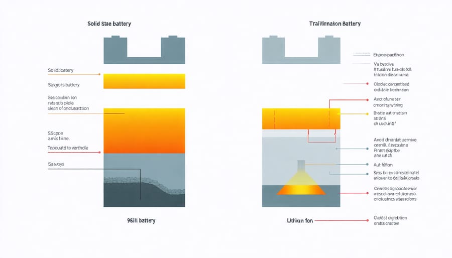 Technical illustration comparing solid-state and lithium-ion battery architecture