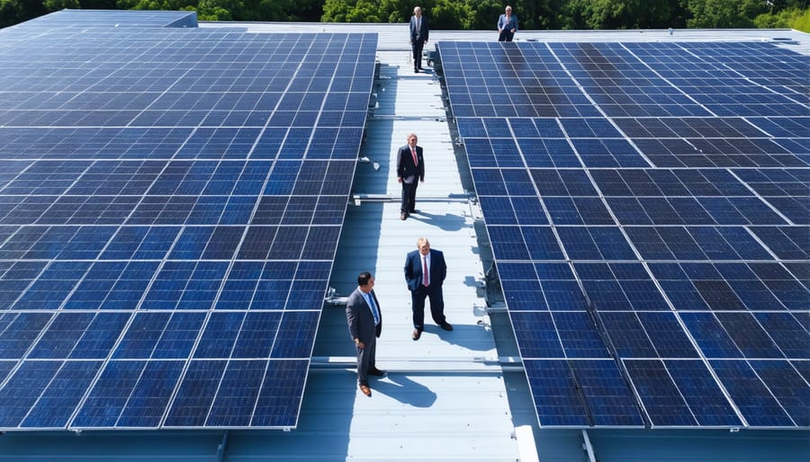 State and local officials reviewing solar panel installation on community buildings