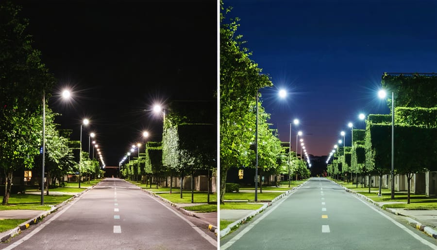 Side-by-side comparison of traditional yellow street lighting and modern white solar-powered LED street lights