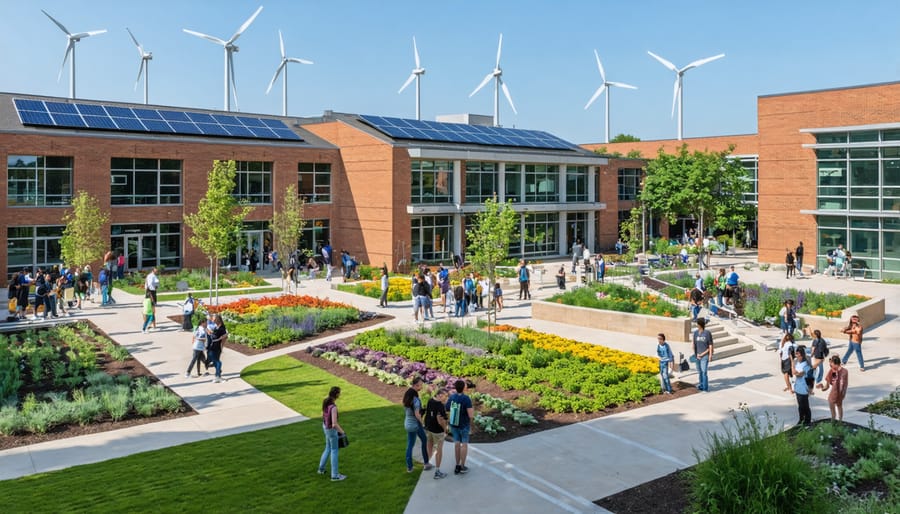 A dynamic university setting showcasing integration of solar panels and wind turbines in campus architecture, with students actively participating in sustainability projects like community gardening and recycling.