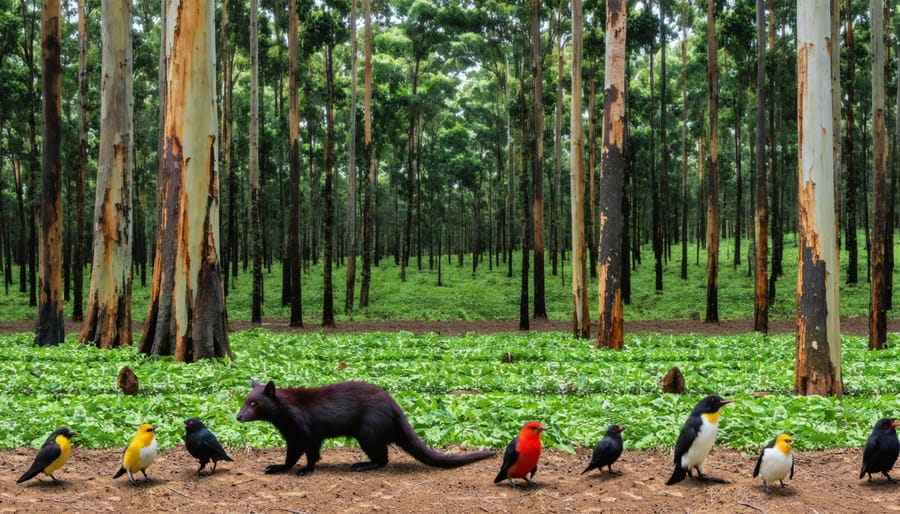 A vibrant Australian forest blending mature trees with newly planted saplings, depicting a successful reforestation project. Wildlife symbols appear subtly in the landscape, highlighting biodiversity preservation.
