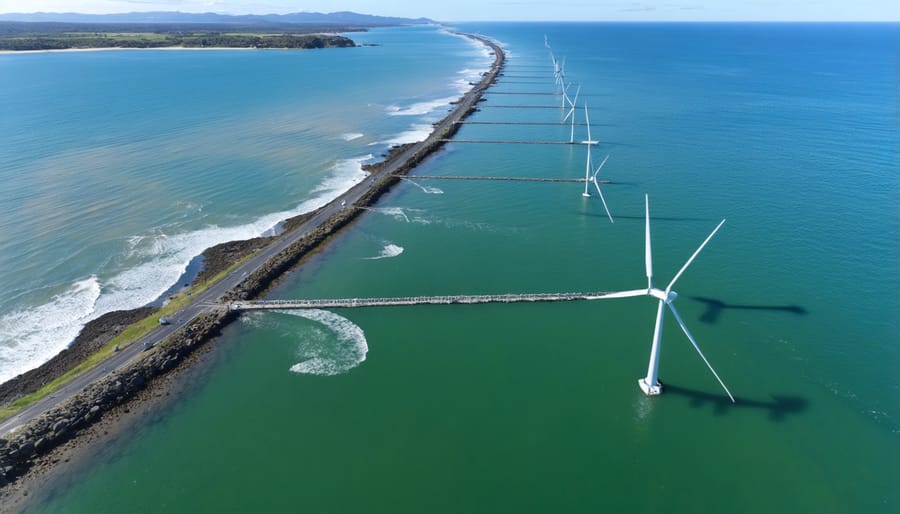 Tidal energy array system installed off the Australian coast showing turbines during operation
