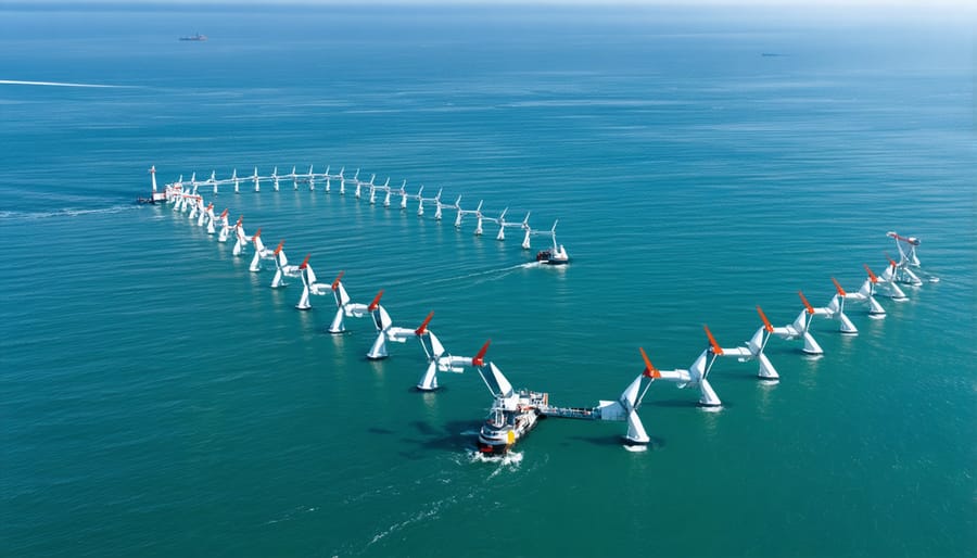 Underwater view of multiple tidal energy turbines generating power from ocean currents