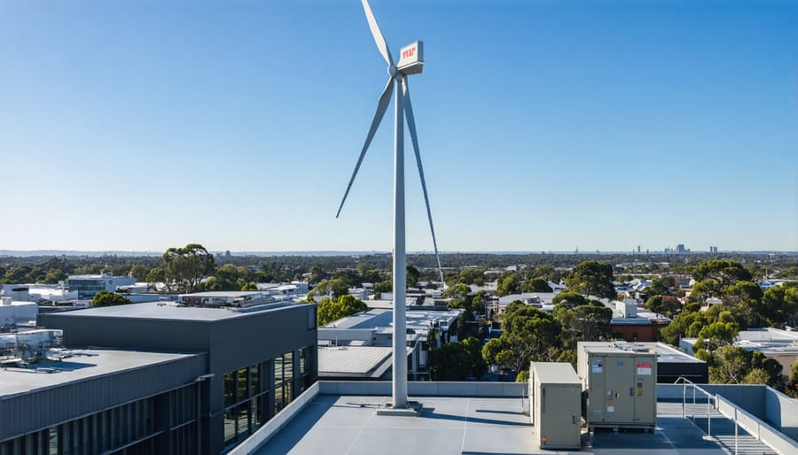 Urban vertical axis wind turbine against city skyline