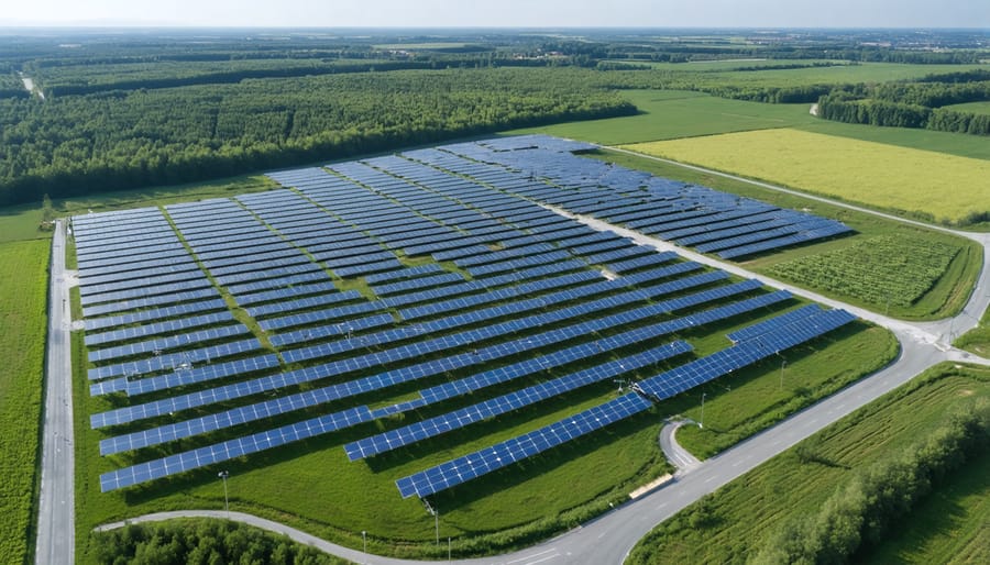 Modern integrated bioenergy facility showing solar arrays and biomass storage facilities