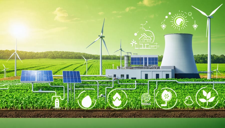 Conceptual illustration of a power plant transitioning into a bioenergy facility with solar and wind components, representing Australia's renewable energy future.