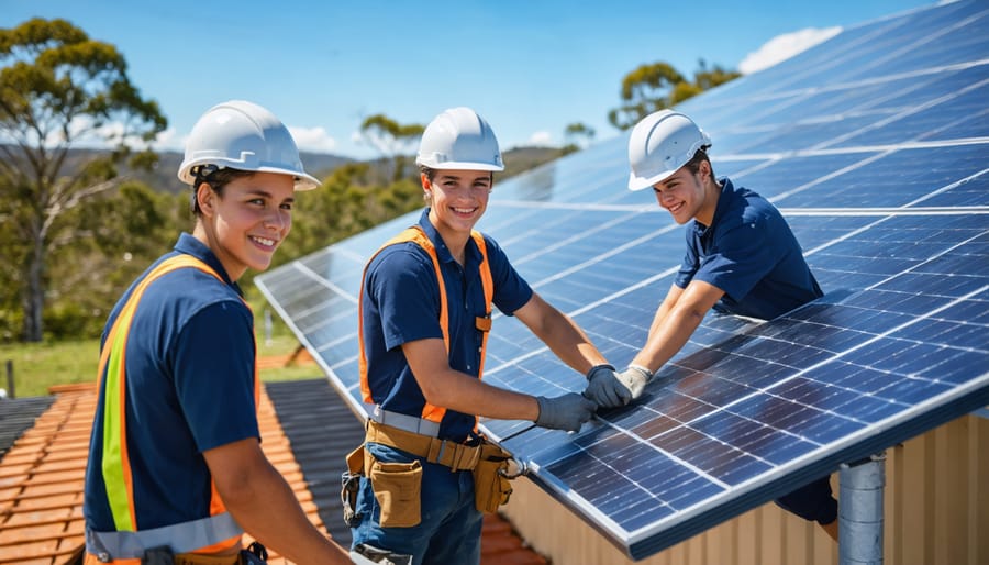 "A diverse group of young Australians collaboratively installing solar panels on a rooftop, embodying youth-driven innovation and leadership in community energy projects in Australia."