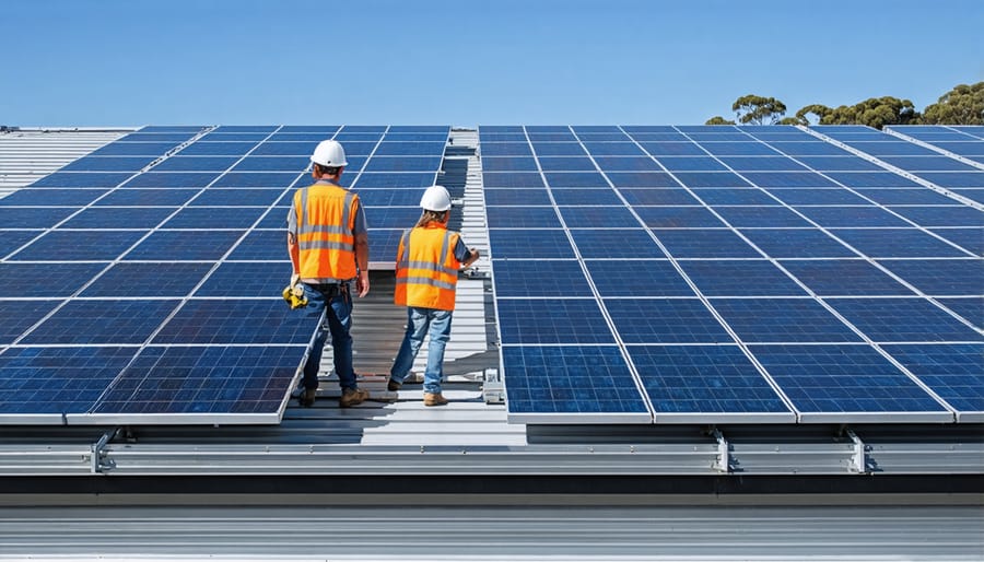 Diverse group of teenage students working together to install solar panels on a community center roof