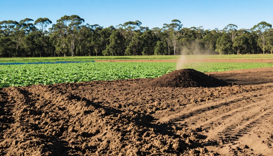 Modern Australian farm with biomass processing facility converting agricultural waste into energy