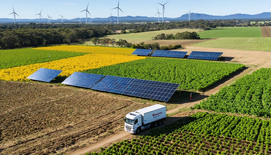 An imaginative depiction of Australia's changing countryside with fields of biomass crops and renewable energy installations like wind turbines and solar panels, symbolizing the intersection of farming and bioenergy sectors.