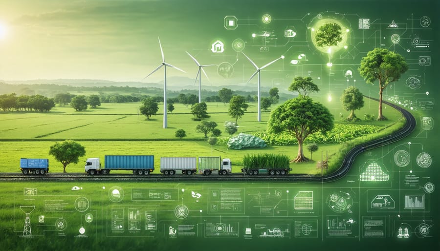A conceptual illustration of Australia's bioenergy supply chain, showcasing interconnected networks of transport logistics, renewable energy sources, and agricultural resources, interwoven with symbols of modern technology and collaboration.