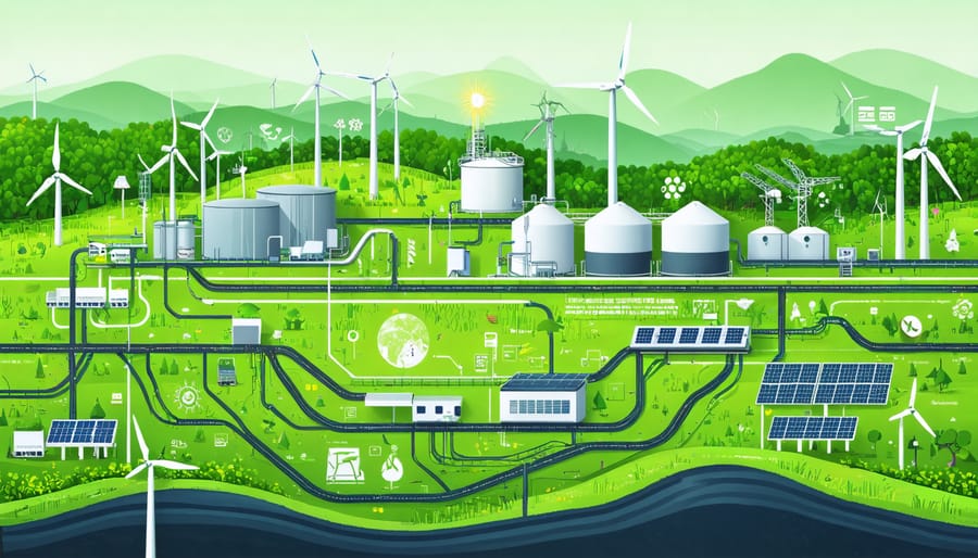 Illustration of Australia's landscape integrating advanced resource recovery technologies, showcasing biogas conversion and AI-powered waste sorting amidst renewable energy elements.