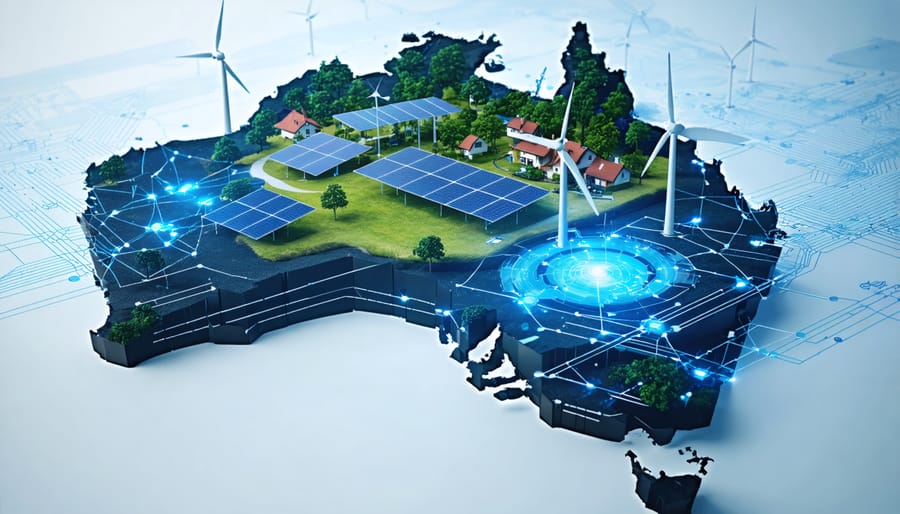 Conceptual illustration of a smart grid connecting solar panels, wind turbines, and residential areas in Australia with lines showing dynamic energy and data exchange across the network.