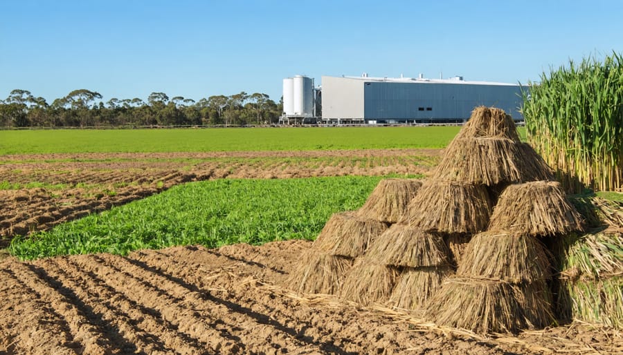 A picturesque Australian farm showing various agricultural residues like wheat stubble and rice husks, with a bioenergy facility in the background, representing the conversion of farm waste into sustainable energy.