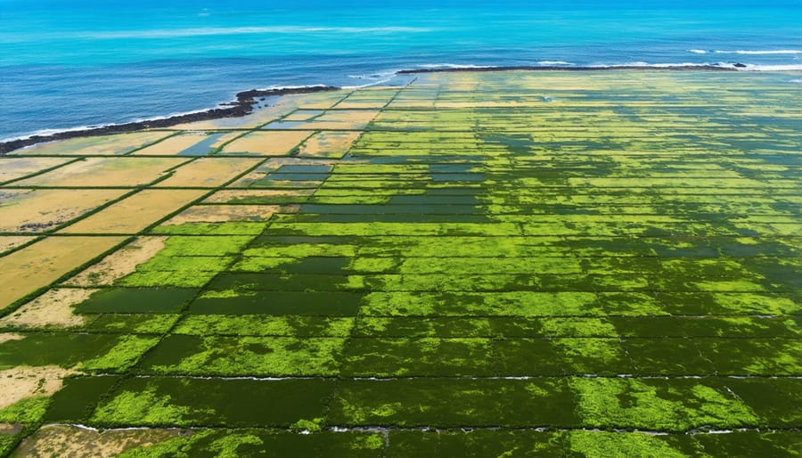 Expansive ocean-based seaweed cultivation system with floating lines and harvesting platforms