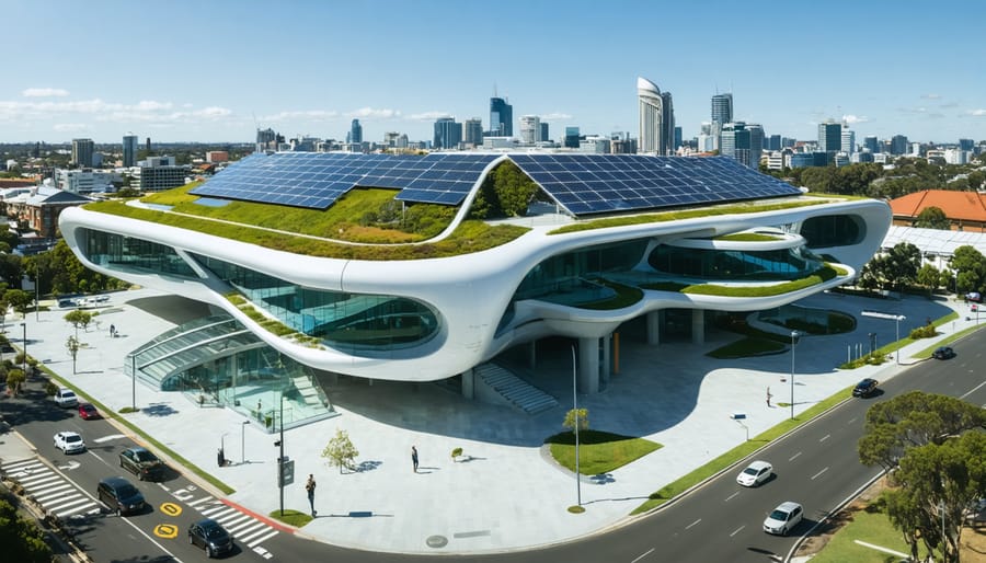 Exterior view of a modern commercial building in Australia demonstrating zero energy features, including solar panels and a biomass system, set against a vibrant cityscape.