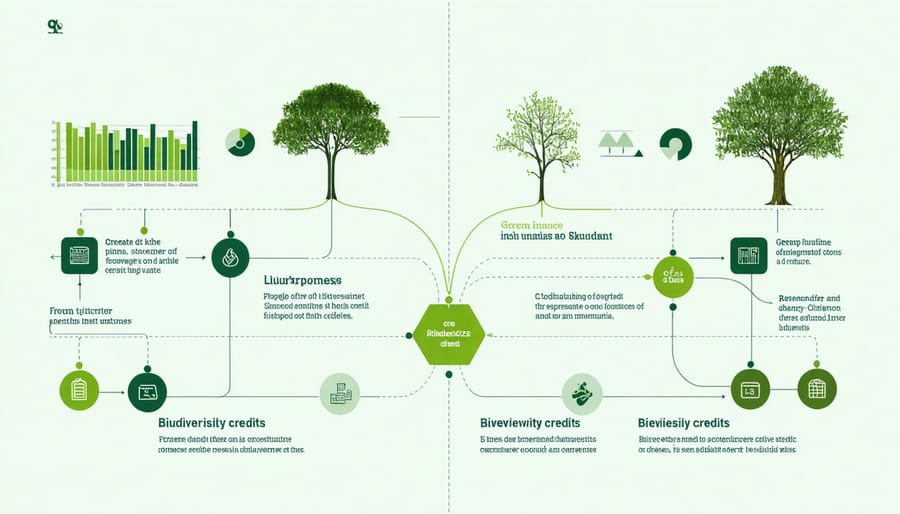 Visual diagram of financing streams connecting investors, biodiversity credits, and bioenergy projects