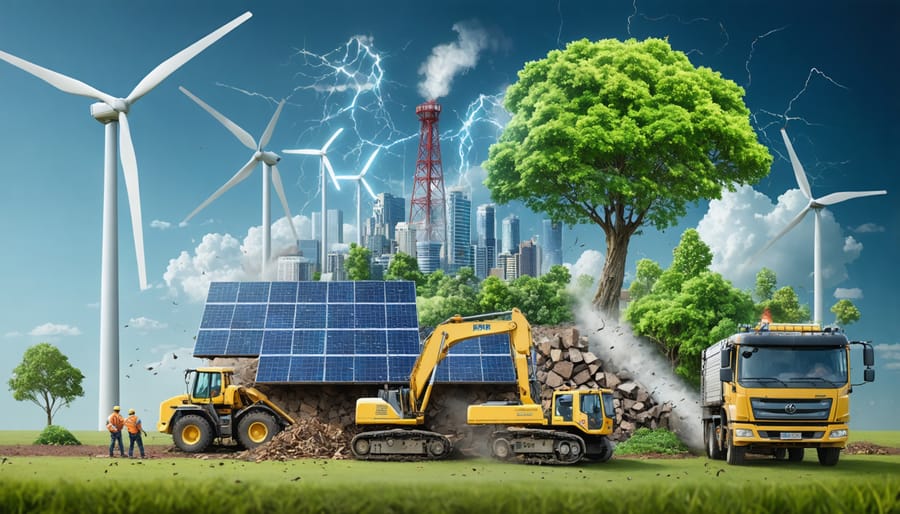 Conceptual image illustrating the integration of bioenergy and technology in natural disaster response, with renewable energy sources and emergency response teams depicted in a harmonious blend of nature and technology.