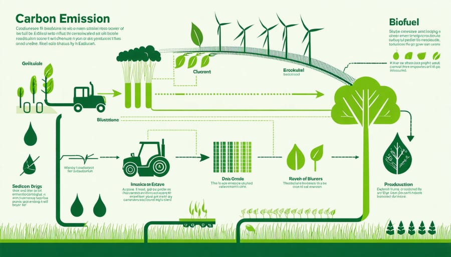Visual diagram illustrating how biofuel production and use reduces carbon emissions compared to fossil fuels