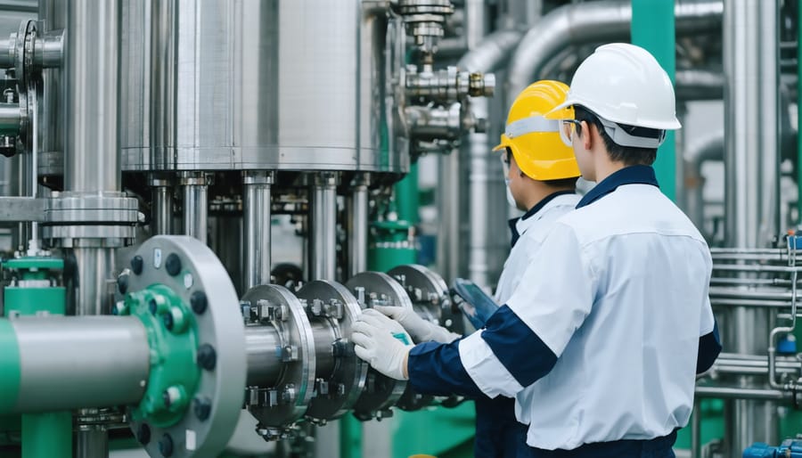 Technical operators monitoring and managing biofuel production machinery in a modern facility