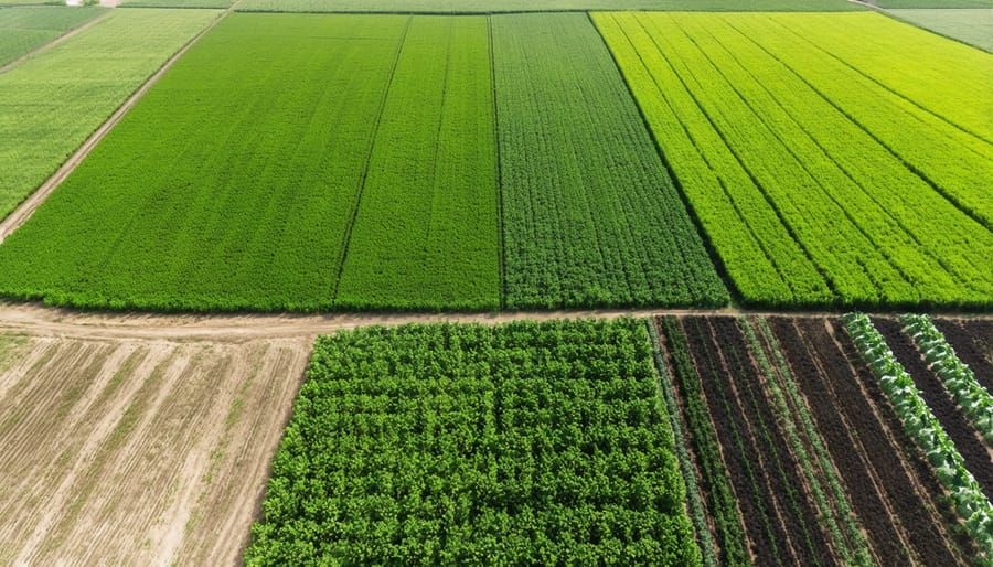 Drone photograph of diversified farming operation with biomass and food crops in rural Australia