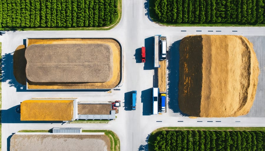 Large-scale biomass storage facility showing transportation logistics and material handling