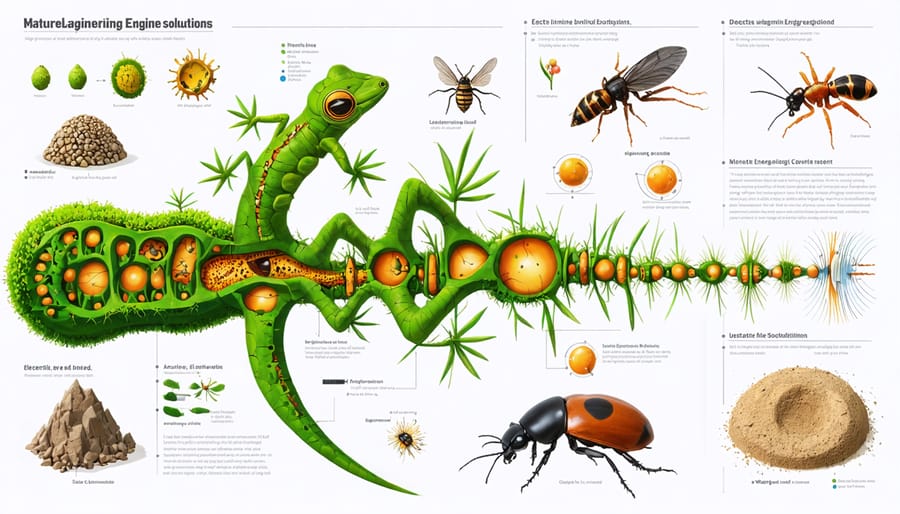 Conceptual illustration showing the influence of nature on bioenergy systems, featuring inspirations from geckos, moths, termite mounds, electric eels, and desert beetles.