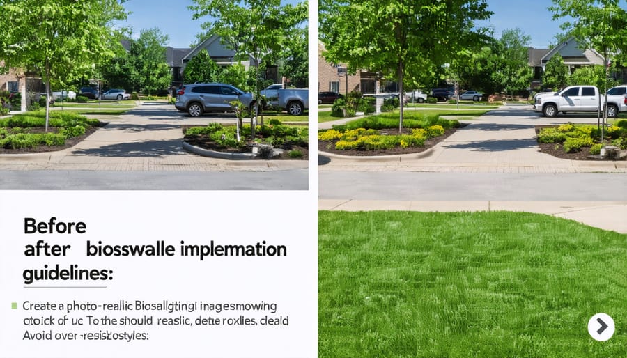 Side-by-side comparison showing street transformation after bioswale installation with improved drainage and vegetation