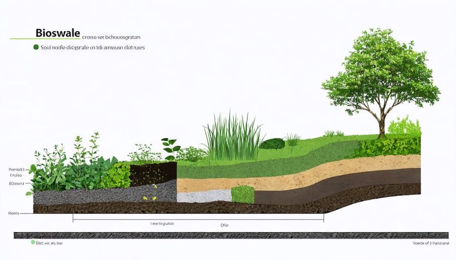 Technical diagram illustrating the structural layers and components of an urban bioswale system