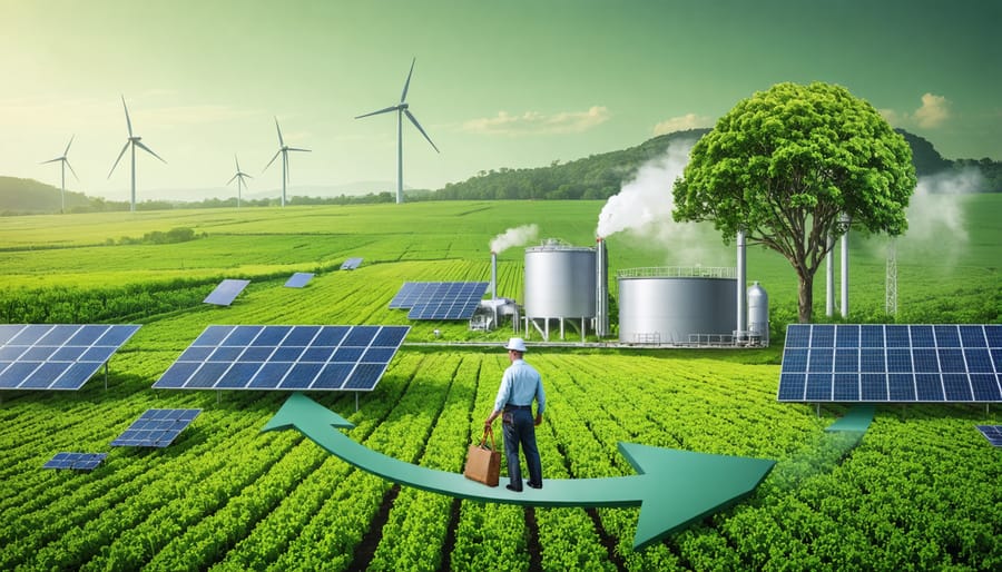 An Australian landscape illustrating the circular economy with solar panels, wind turbines, and a biomass processing facility in a field, symbolizing the integration of agriculture and renewable energy in the circular flow model.