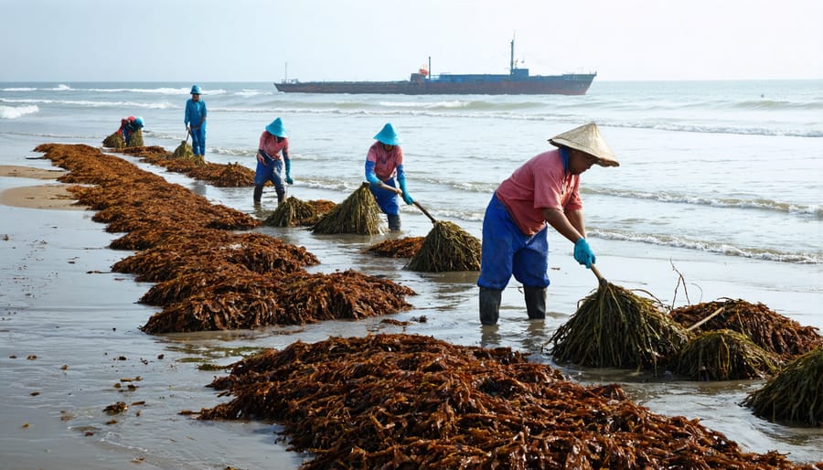 Community members working at a seaweed processing facility near the coast