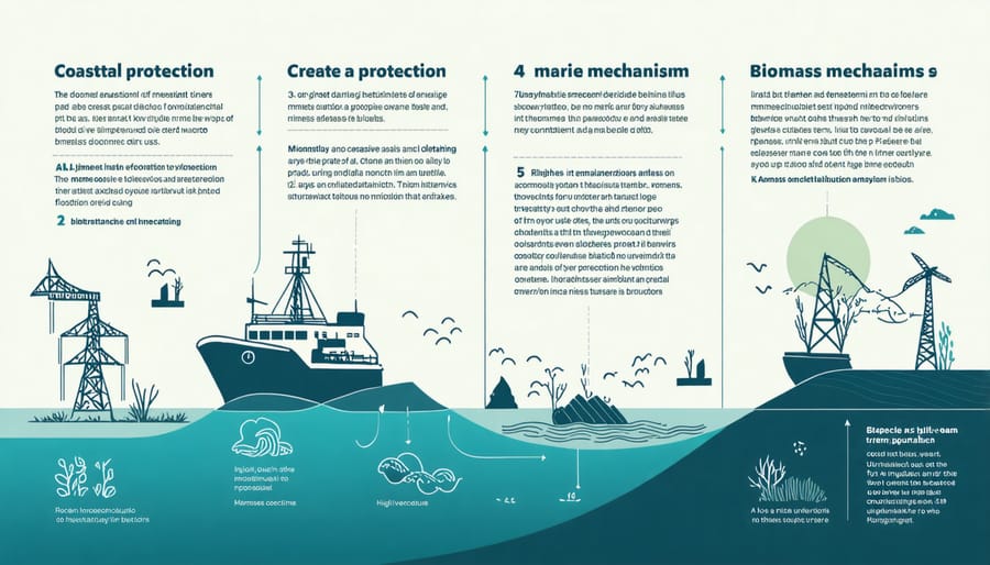 Diagram illustrating how seaweed and algae farms act as natural coastal barriers
