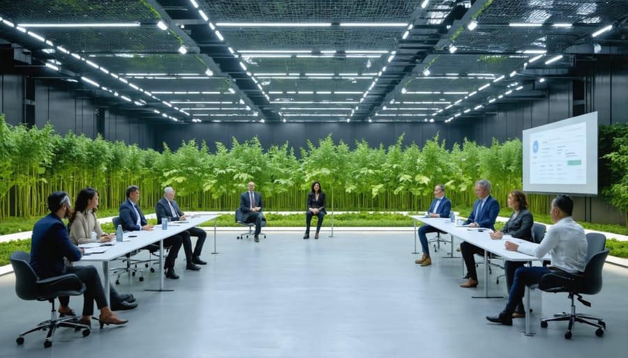 Diverse group of stakeholders reviewing bioenergy plant blueprints at a facility site