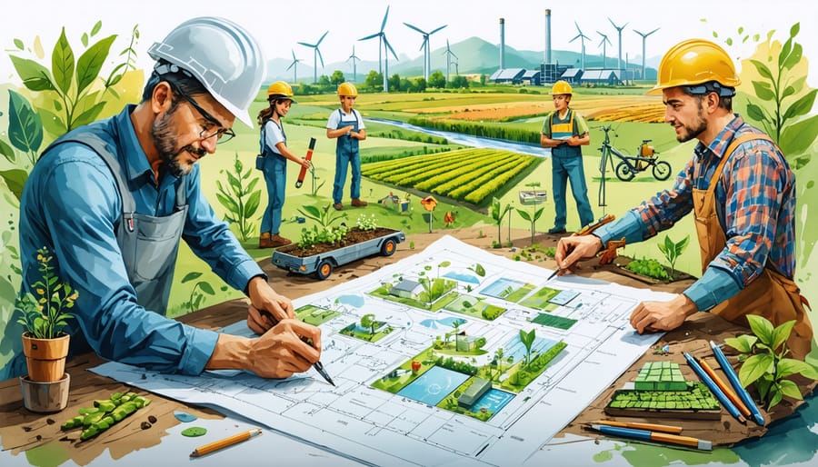Diverse group of community members collaborating around a table, with a bioenergy plant in the background, representing local partnership in renewable energy initiatives.