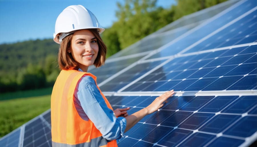Female instructor demonstrating solar panel installation to diverse group of community members