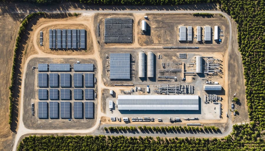 Birds-eye view of Cowra bioenergy plant integrated into local landscape