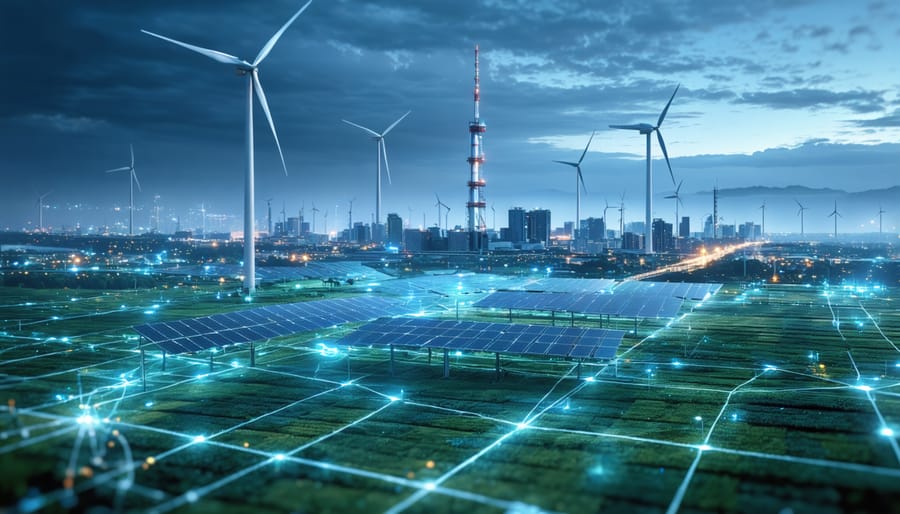 Futuristic cityscape illustrating interconnected renewable energy sources such as solar farms, wind turbines, and bioenergy facilities linked by smart grid technology, symbolizing energy resilience and innovation.